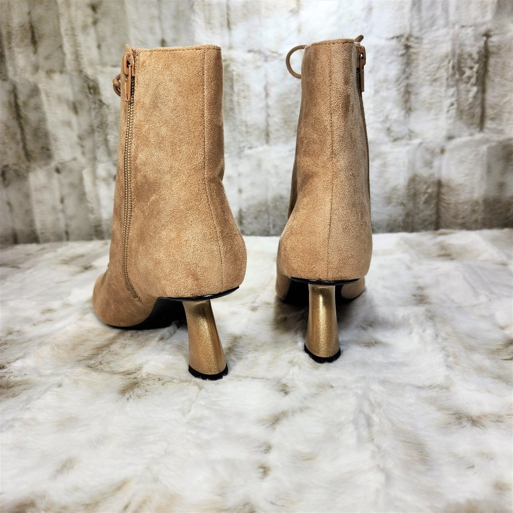 ☆ Adorable Nude Suede 2" Gold Chunky Heel Ankle Bootie - Picture 5 of 7